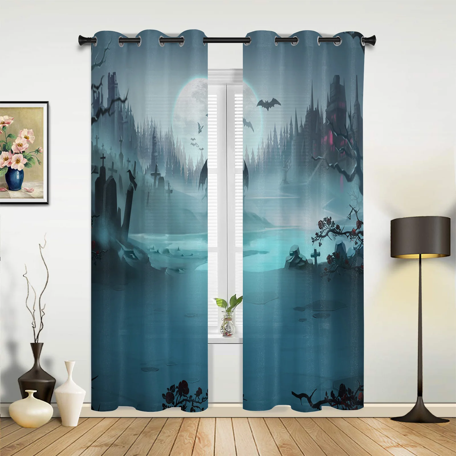 Spooky Fog Forest Cemetery Living Room Kitchen Bathroom Curtains For Children's Bedroom Window Decoration Hanging Cloth Curtains