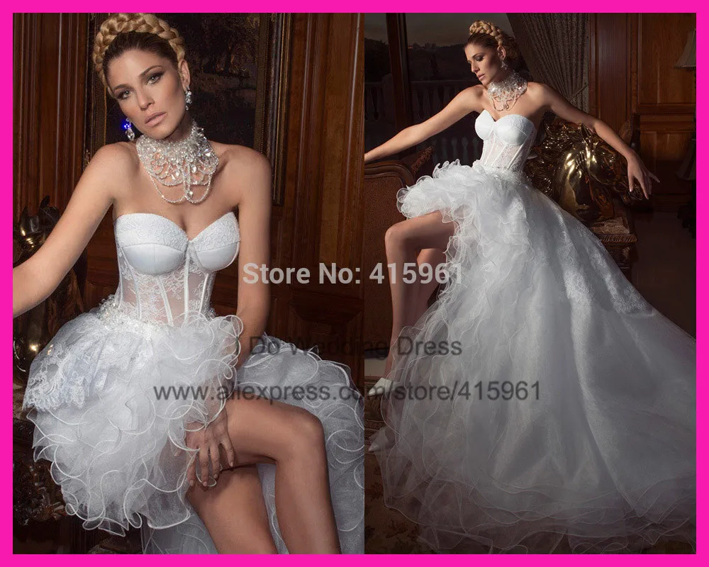 2014 Sensual Sweetheart Transparent Ruffles Lace High Low Wedding Dress Bridal Gown Organza Women W2939