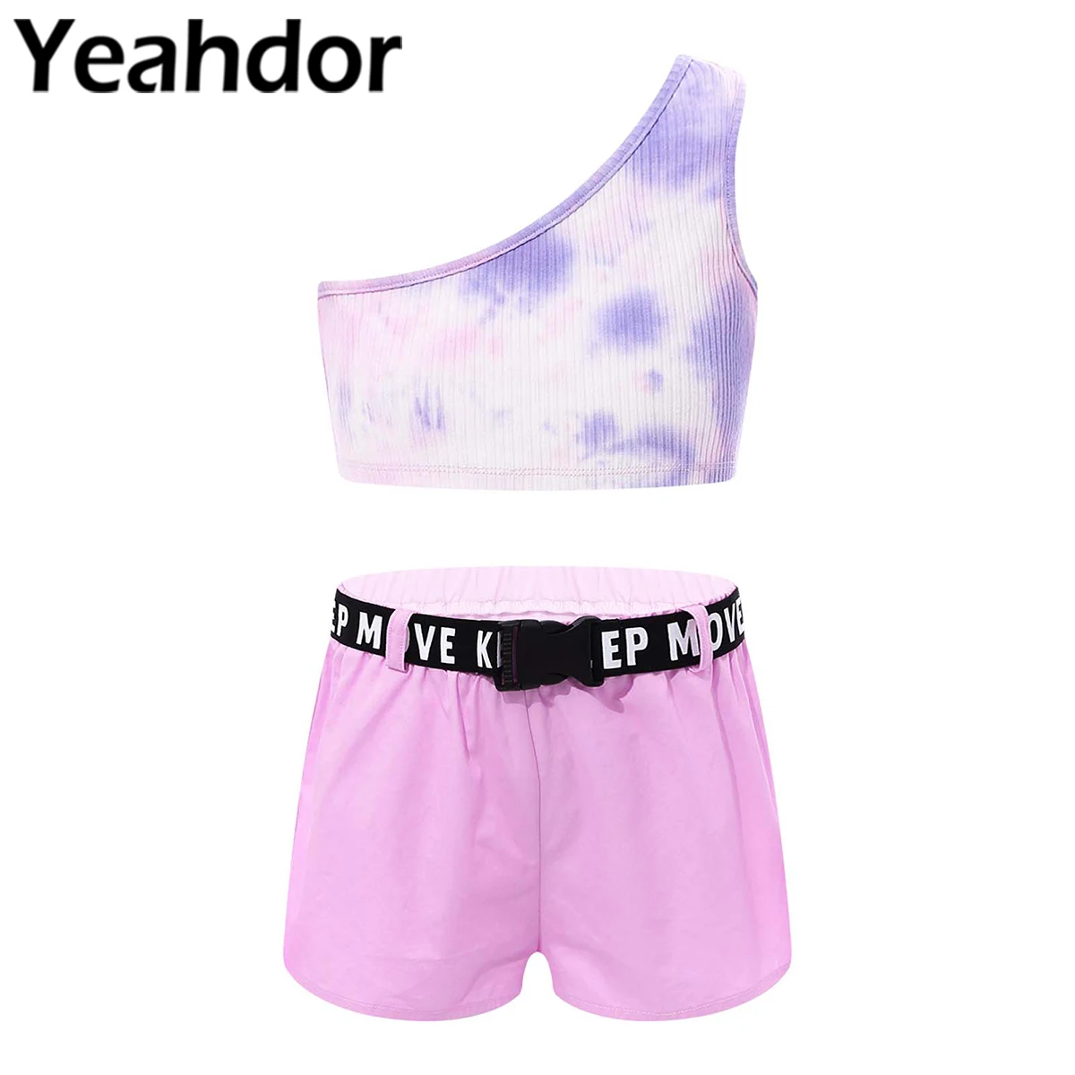 Kids Girls Sport Suit Sportwear Single Shoulder Tie Dye Print Crochet Crop Vest with Shorts and Belt Set Casual Tracksuit Outfit