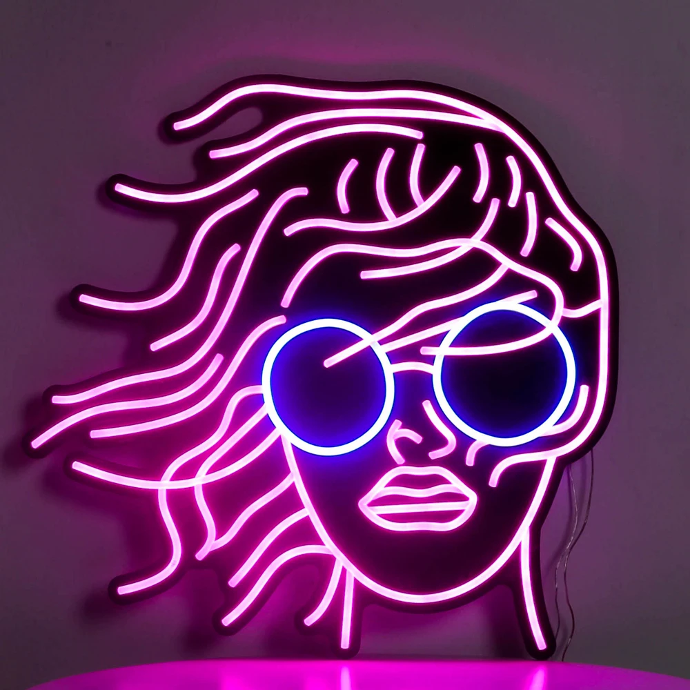 A parede de néon em forma de luzes de néon do diodo emissor de luz dos vidros do retrato da cabeça da menina das mulheres cor-de-rosa para spa, cinema, quarto da decoração da casa do salão de unhas de ktv