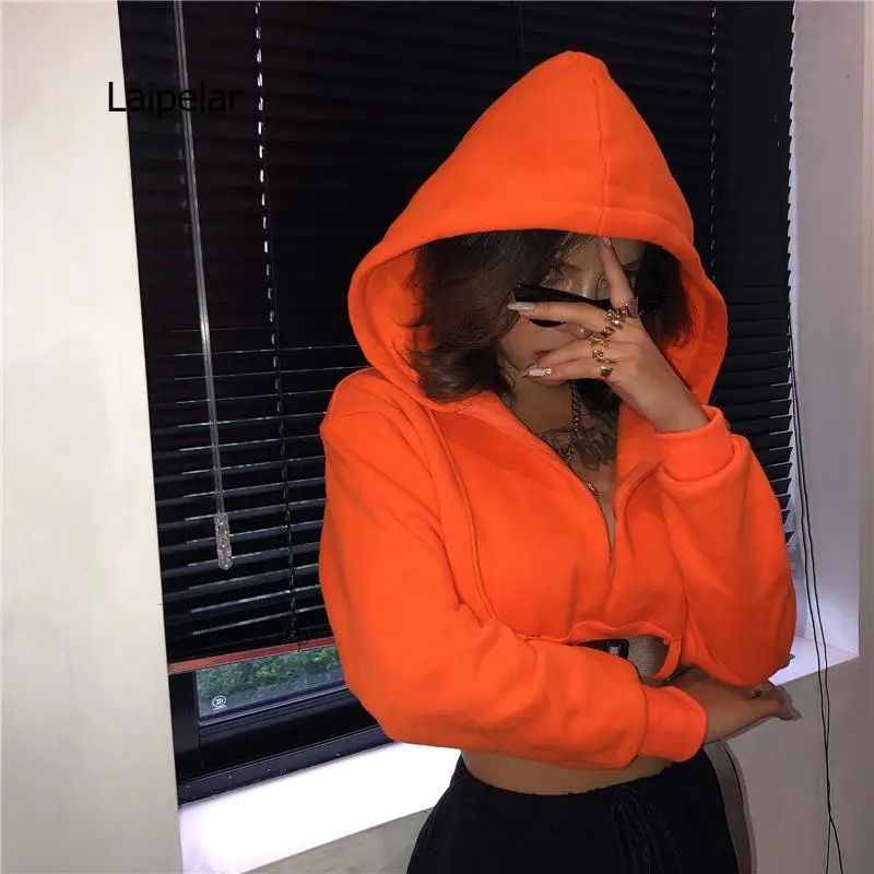 Winter Casual Neon Crop Sweatshirt with Belt Women Streetwear Hooded Short Sweatshirts Solid Chic Thick Loose Pullovers Cropped