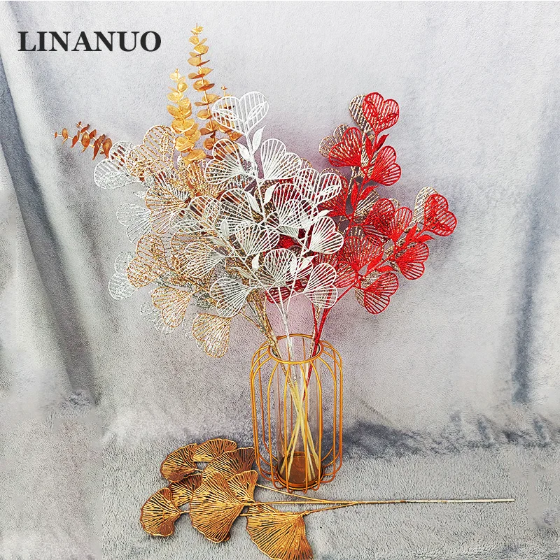 3Fork Glitter Gold Powder Heart-shaped Leaf Artificial Plant for Christmas Decor Wedding Party Home Living Room Desk Decoration