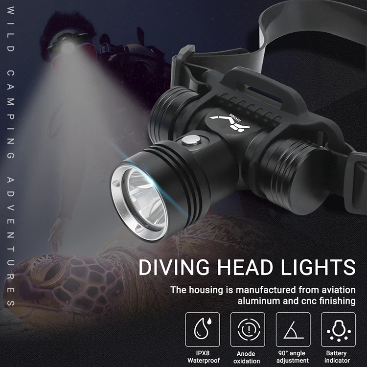 Diving Headlamp 100 Meters Underwater Headlight L2 Led Scuba head Flashlight Torch Waterproof IPX8 18650 Lamp Light