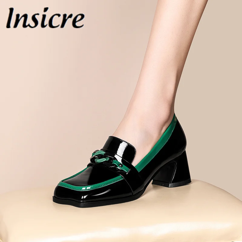 

Insicre New Women Med Thick Heel Square Toe Pumps Office Lady Genuine Leather Metal Chain Slip On Dress Shoes Big Size 34-43