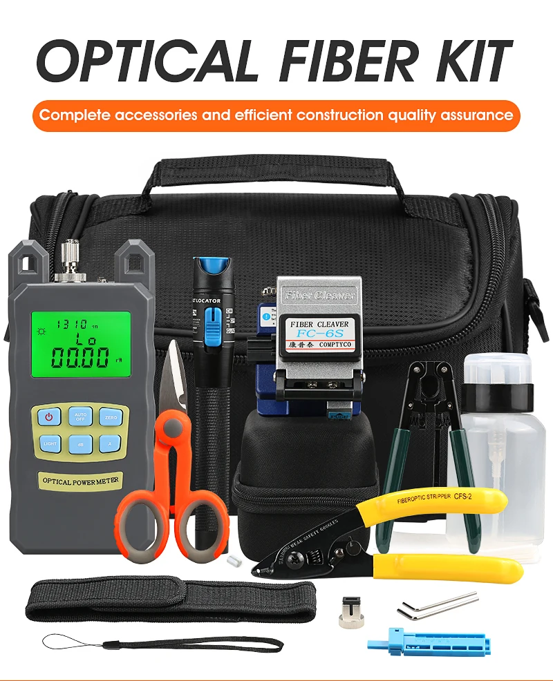 FTTH Fiber Optic Tool Kit with Stripping Pliers, Fiber Cleaver, Optical Power Meter, 5km Visual Fault Locator