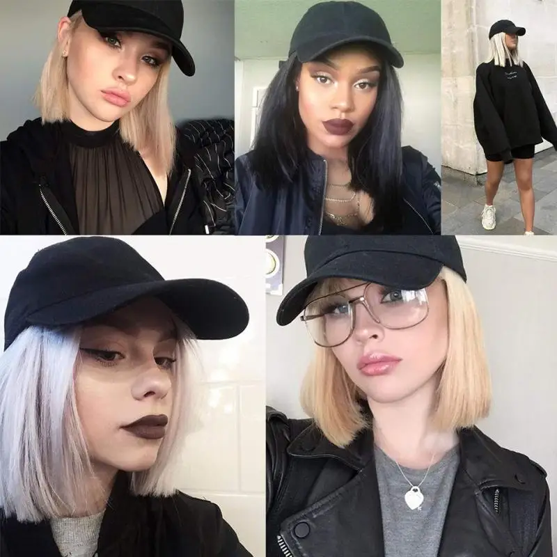 SHANGZI Wig Bisbol Bergelombang Pendek Wig Bob Sintetis Alami Topi Hitam Topi Wig dengan Rambut Secara Alami Menghubungkan Topi Baseball Dapat Disesuaikan