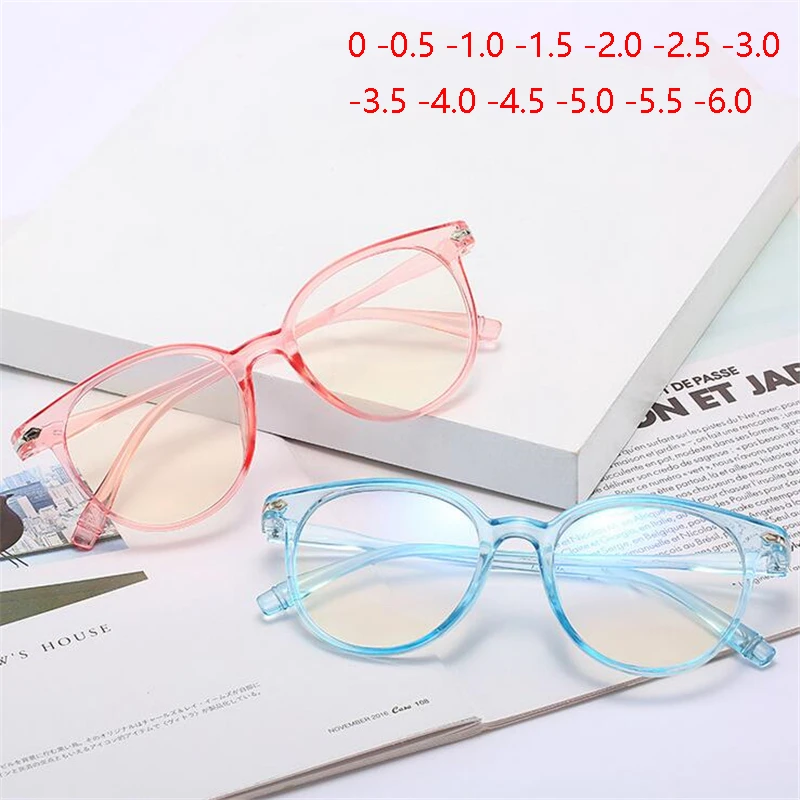 Transparent Pink Student Nearsighted Glasses Women Men Retro Plastic Oval Myopia Eyeglasses With Degree  0 -0.5 -1.0 -1.5 To -6