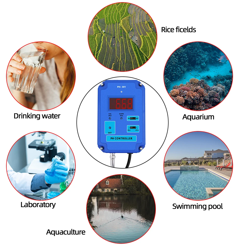 PH-301 Digital pH Controller Meter Tester with Optional HI/LO Action 0.00~14.00pH Range Replaceable BNC Electrode CO2 Solution