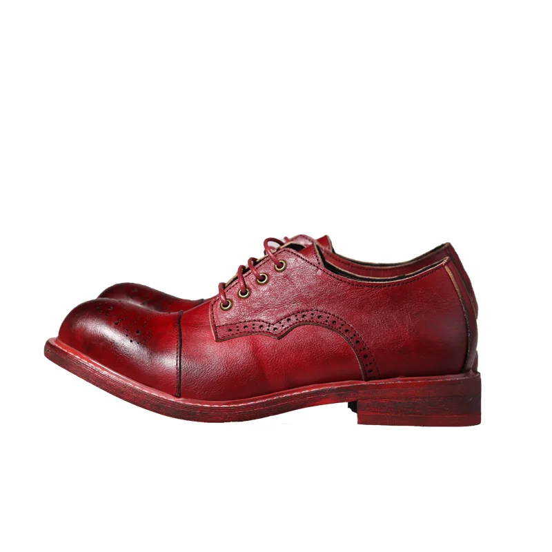 mens Vintage Brock Brogue carved leather head low cut shoes tooling casual shoes men and women wine red