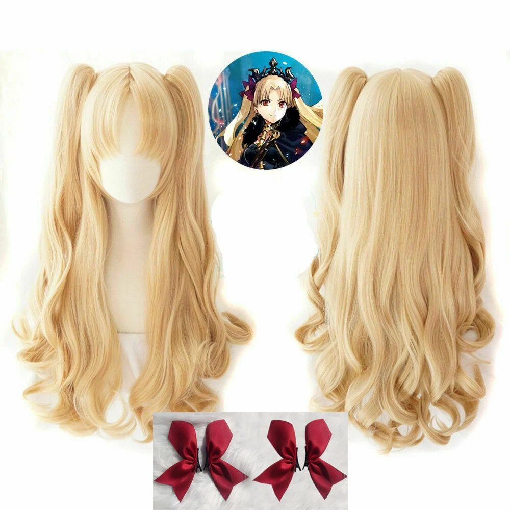 

FGO Fate Grand Order Ereshkigal Cosplay Wig Servant Lancer Chip Ponytails Blonde Hair Cosplay Wigs + 4 Red Hairpins