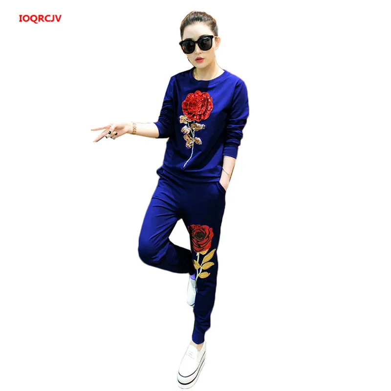 

Women Tracksuits Spring Sequin Embroidery Jacket+Trousers Two Sets Female Casual Sportswear Suit Student Sweatershirt Set W1917