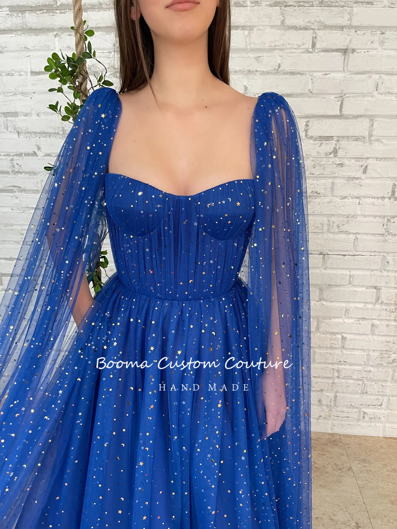 Booma Sparkly Royal Blue Starry Tulle Prom Dresses Long Cape Sleeves Sweetheart A-Line Formal Party Dresses 2022 Evening Gowns