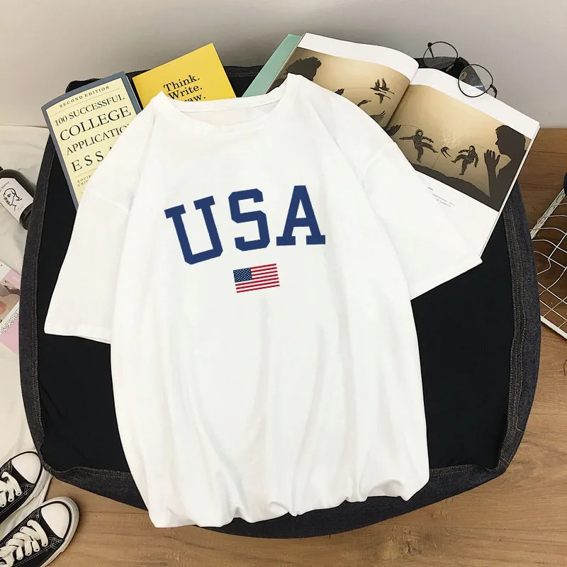 Harajuku yaz kadın t-shirt rahat abd bayrağı baskılı üstleri Tee kadın T Shirt kısa kollu T Shirt Streetwear t-shirt