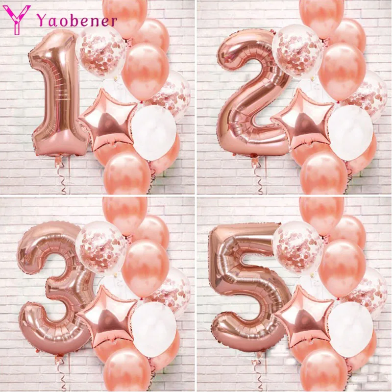 13pcs Rose Gold 32inch Number Foil Latex Balloons Happy Birthday Party Decorations Kids Boy Girl 1 2 3 4 5 6 7 8 9 Year Old 1st