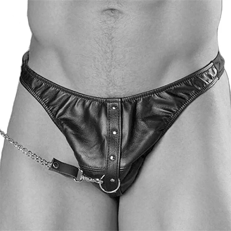 Sexy Gay Panties with Leash Metal Fetish Men BDSM Bondage Patent Leather G-Strings Ertotic Sissy Underwear Adult Panties for Sex