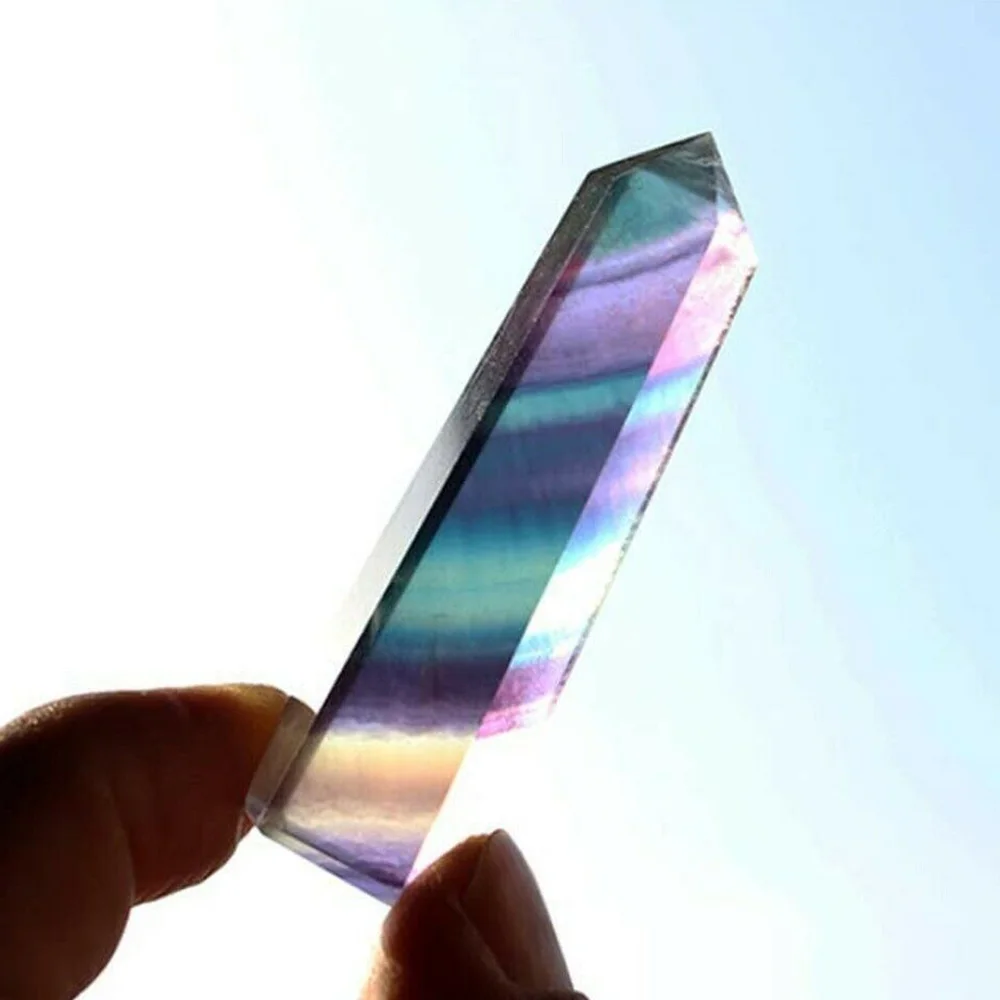 Natural Rainbow Fluorite Quartz Crystal Point Reiki Healing Hexagonal Wand Home Decor (1.9\