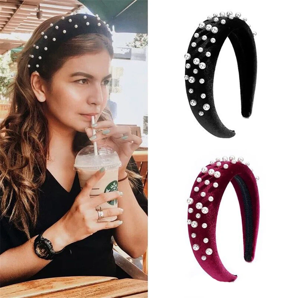 New Thicken Velvet Women Headband Pearls Padded Sponge Hair Accessories Fashion Headwear Hairbands For Female Elegant Hair Hoop