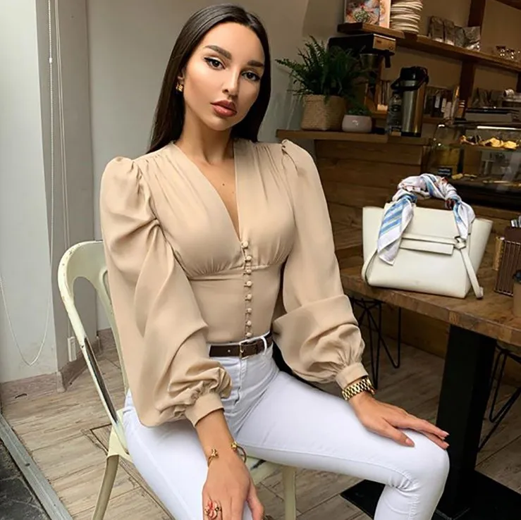 Ladies Elegant Blouse Lantern Long Sleeve Tops 2024 Summer V Neck Crop Top Fashion Shirts Women Button Down Blouses New Clothing