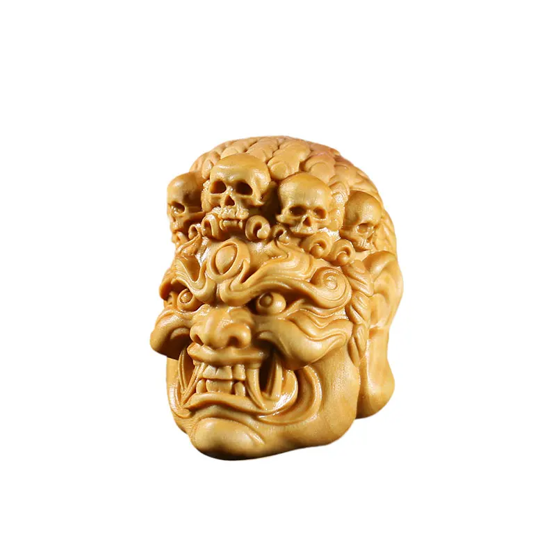 Hand-Carved Wooden Demon Skull Figurine - Handmade Small Decorative Ornament