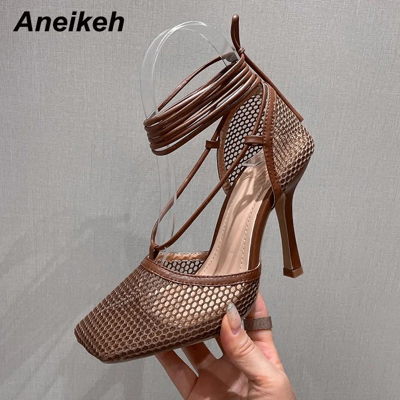 Aneikeh Summer Fashion Beach Mesh Hollow Out Sandals Women\'s Cross Lace Up Thin Heel High Heels 2024 Sexy Zapatillas Mujer 35-41