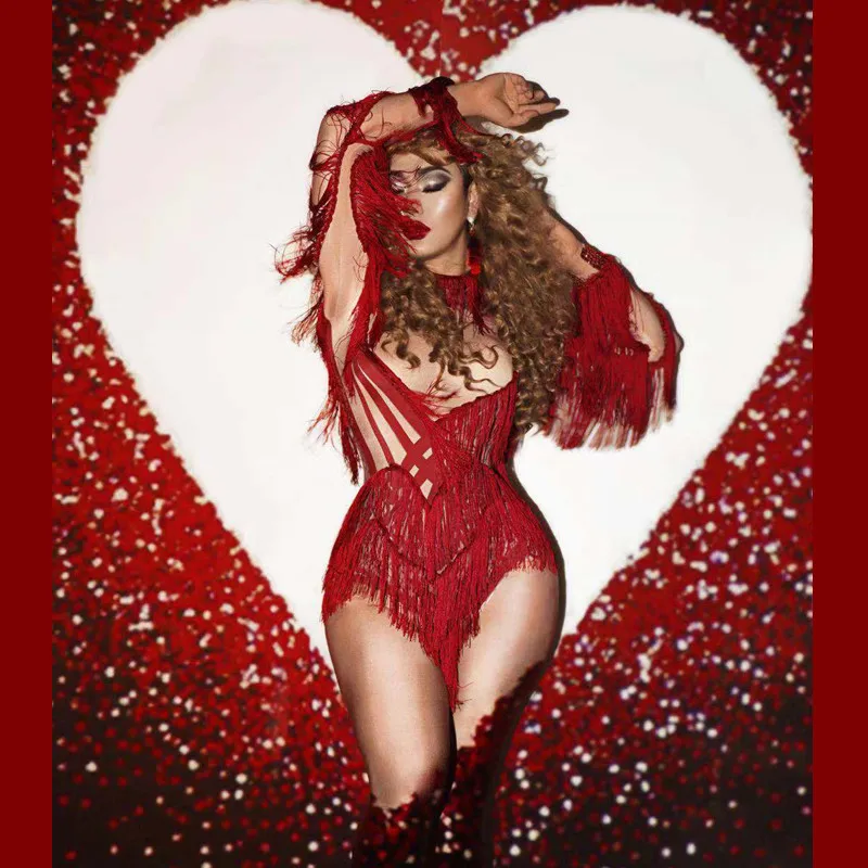 

Nightclub Party Celebration Tassel Dance Bodysuit Red Rhinestone Nude Leotard Stretch Jumpsuit Show Singer Performance Costumes