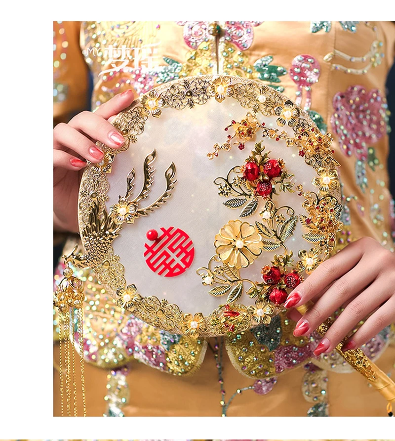 NiuShuya Elegant Jewelry Wedding Bouquet Silk 3D Fan Pomegranate Red Bead Golden Phoenix Metal Round Hand Flower Fan for Bridal