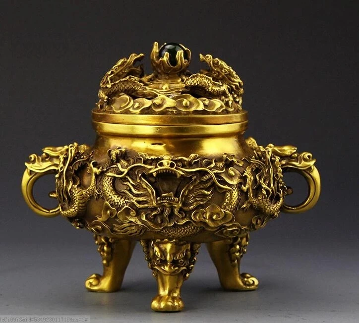 

Collectible Chinese Brass Nine Dragons Kowloon incense burner26CM