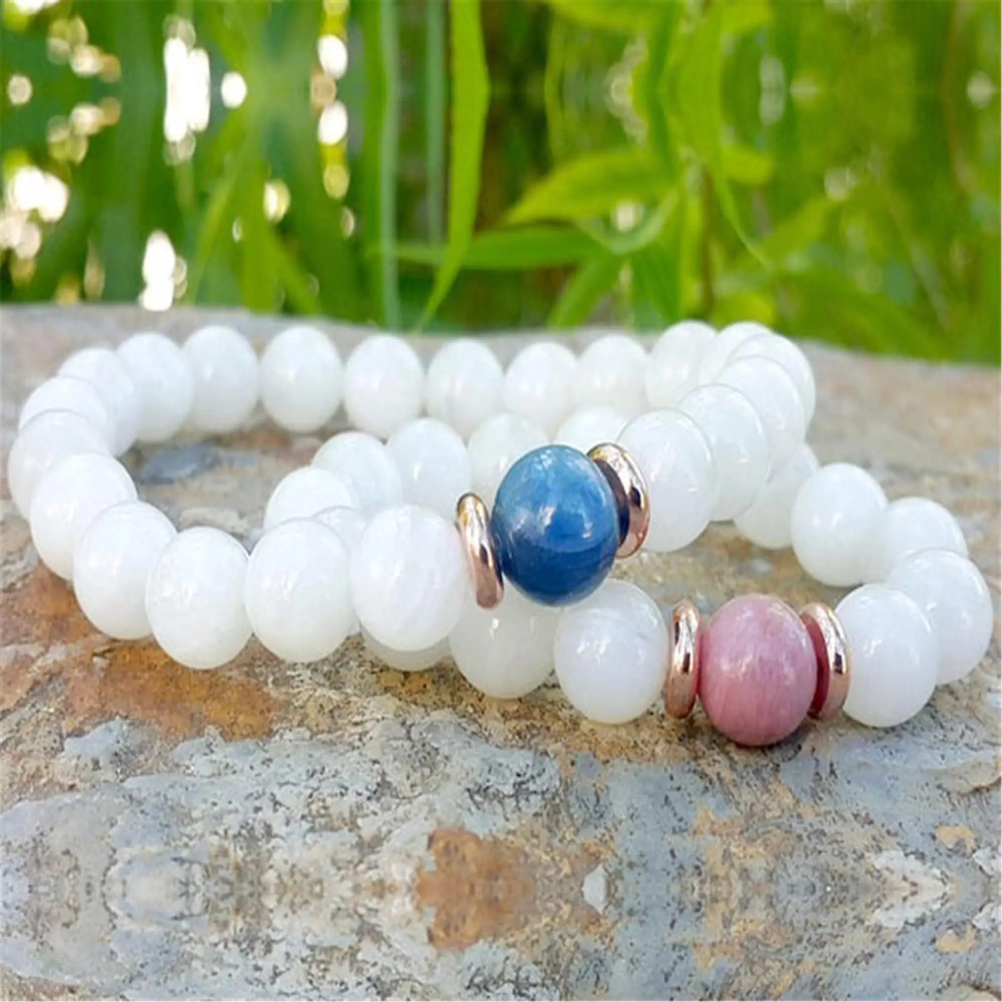 2pcs 8mm Natural Moonstone Handmade Mala Bracelet Spirituality Reiki Wrist Bless Stretchy Yoga Prayer Men