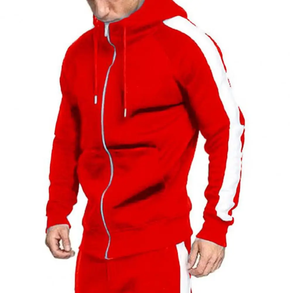 2 Pcs/Set Men Tracksuits Contrast Colors Hooded Drawstring Casual Sports Sets for Daily Wear