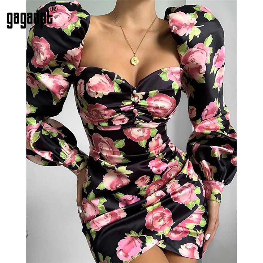 Gagaopt Square Collar Floral Print Sexy Backless Dress Chic Fashion Strapless Button Puff Sleeve Mini Dresses Fall 2021