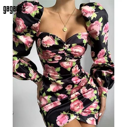 Gagaopt Square Collar Floral Print Sexy Backless Dress Chic Fashion Strapless Button Puff Sleeve Mini Dresses Fall 2021