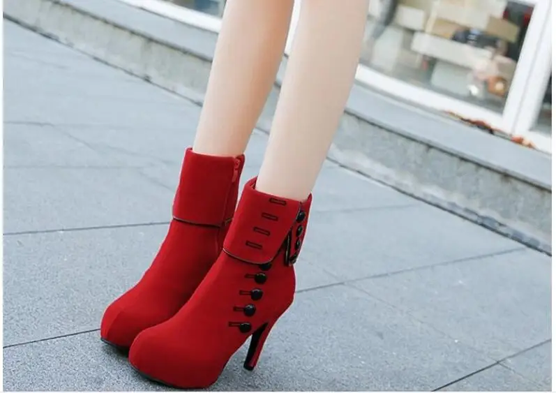 Autumn Winter Woman Boots Women Shoes Suedes Thick Fur Ankle Boots Women High Heel Platform Rubber Shoes Boots Red wedding shoes