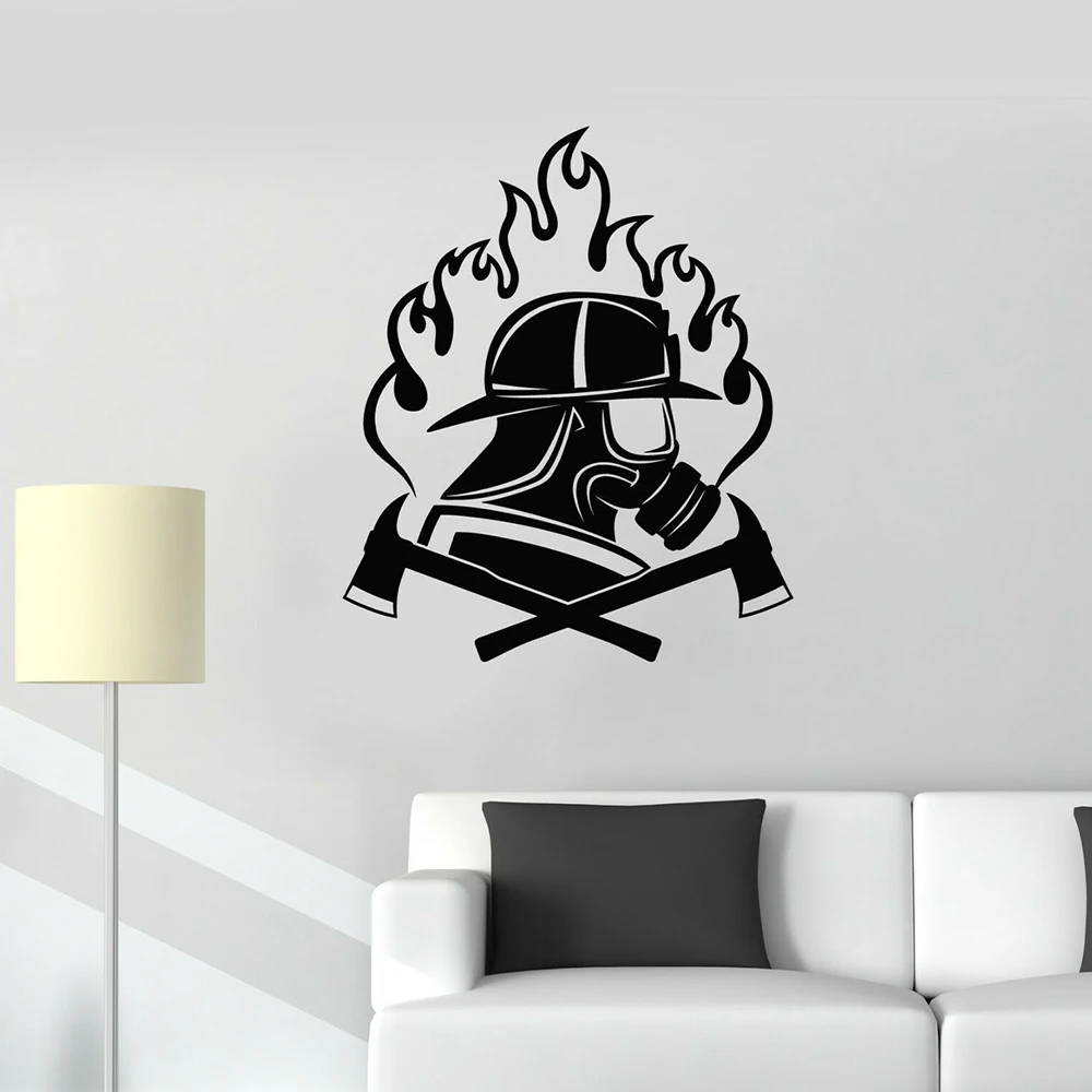 Fire Department Wall Stickers For Living Room Emblem Fireman Axes Respirator Vinyl Wall Decal Decor Bedroom Modern Decals W906