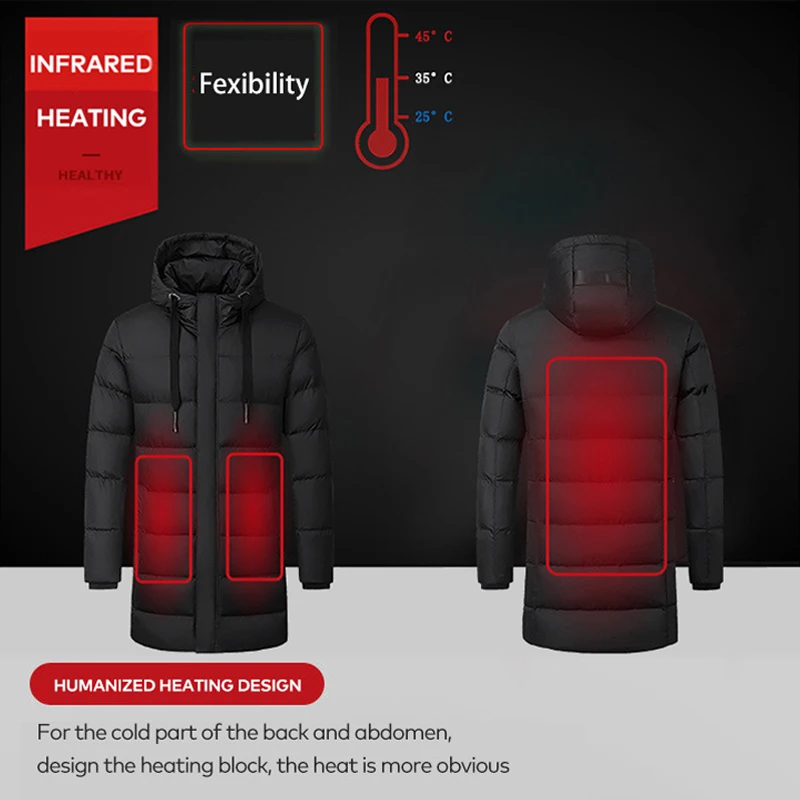 Winter Warm Heated Jackets Long Section Electric Heating Coat Outdoors Cotton Men Women Hight Quality Down Jacket P9111