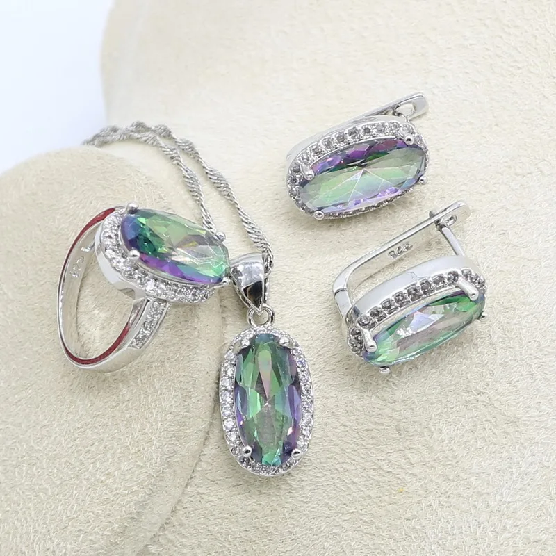 Silver 925 Jewelry Set Bridal For Women Rainbow Topaz Wedding Bracelet Necklace Rings Birthday Gift