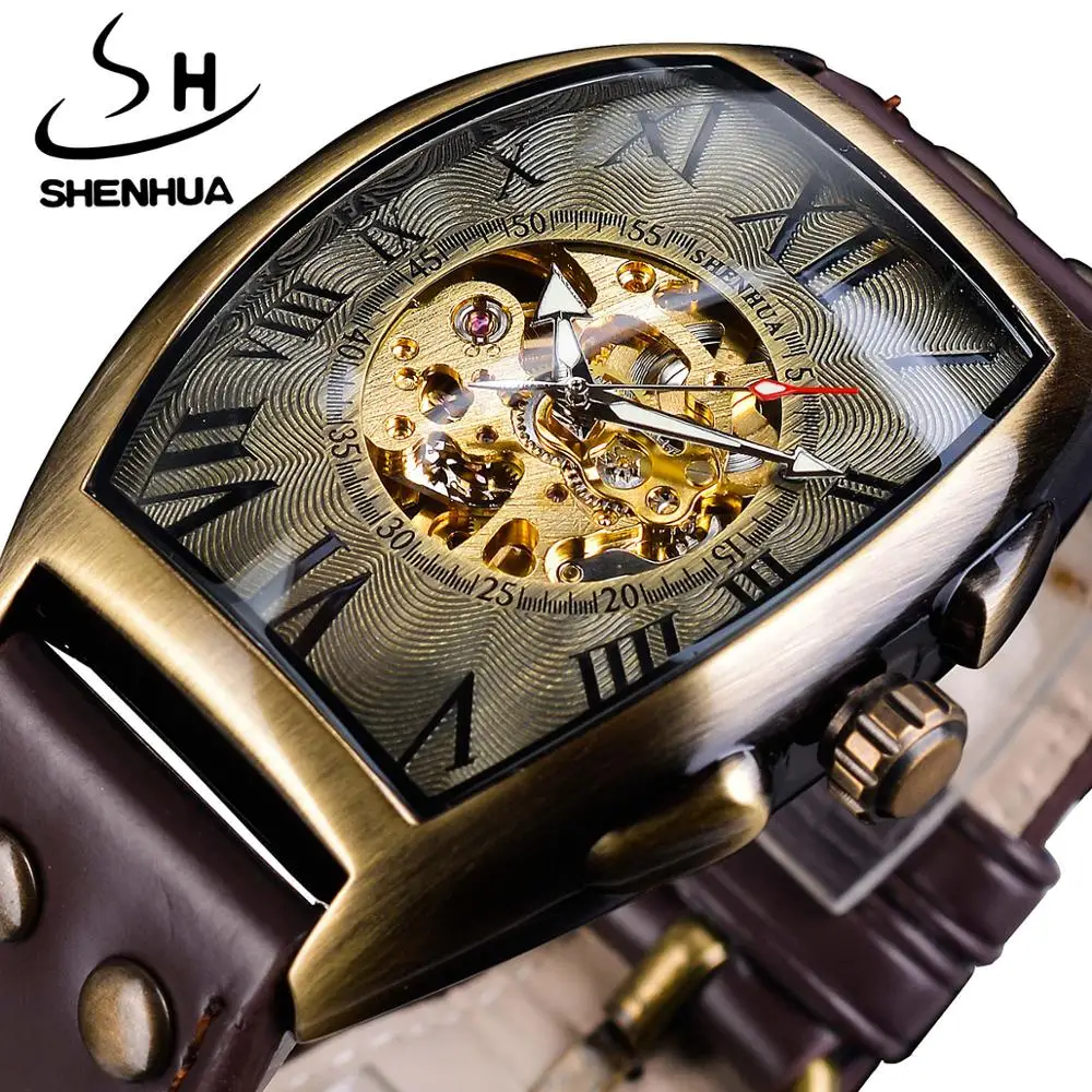 

Shenhua Retro Roman Analog Skeleton Dial Mechanical Automatic Watch Golden Brown Luminous Hand Leather Band Fashion Sport Watch