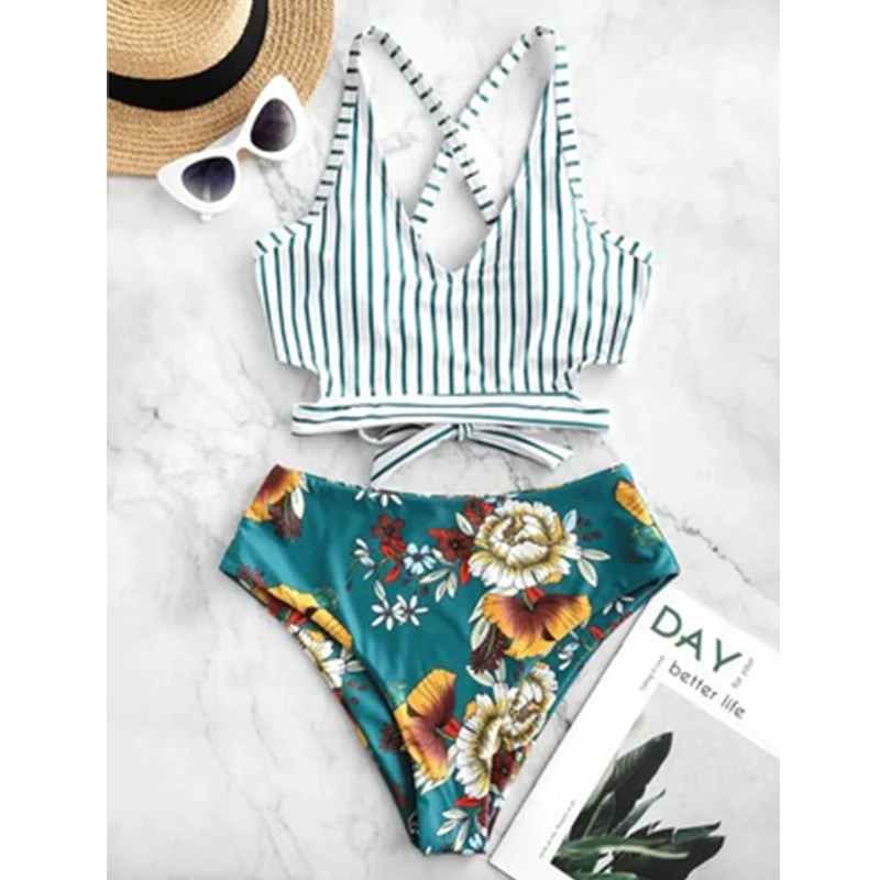 2021 Summer Beach High waist bikini  Bodysuit Women's Small Fresh Skinny Sexy Striped Split Halter Bikini