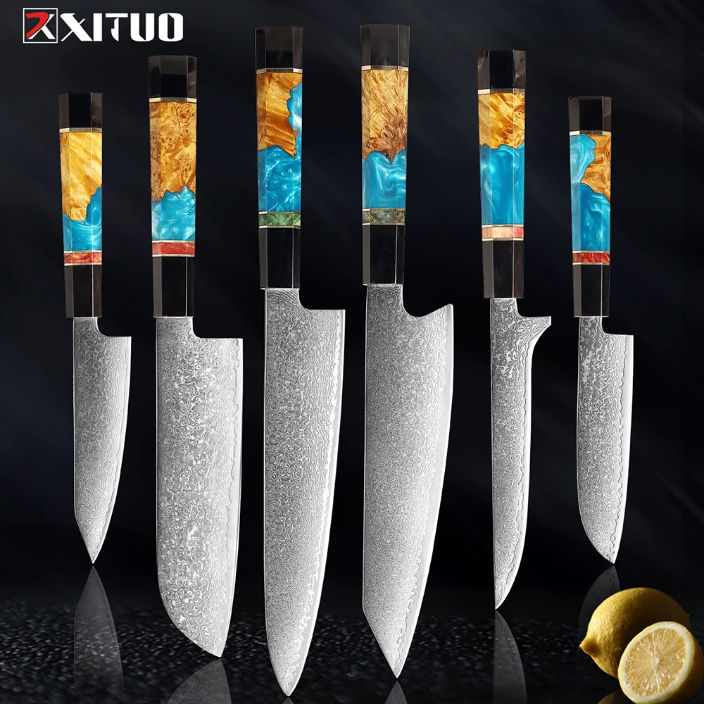 High-end Japanese Damascus Chef Knife Set 1-6PCS Cowl & Wooden Octagon Handle Ultra Sharp Damascus Steel Kitchen Knife for Meat