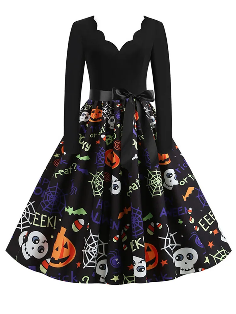 Halloween Party Women  Dress Long Sleeve V Neck Pumpkin Print Vintage Casual A-line  Dresses Vestidos