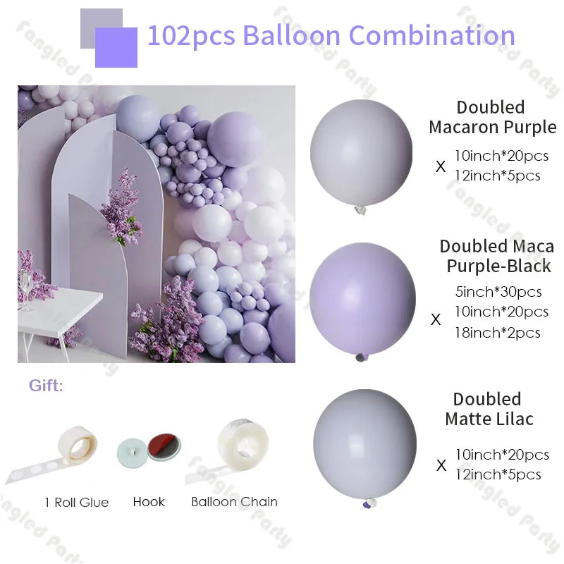 102pcs Doubled Macaron Purple Matte Lilac Baby Shower Balloons Garland Gender Reveal Birthday Party Kit Wedding Decoration