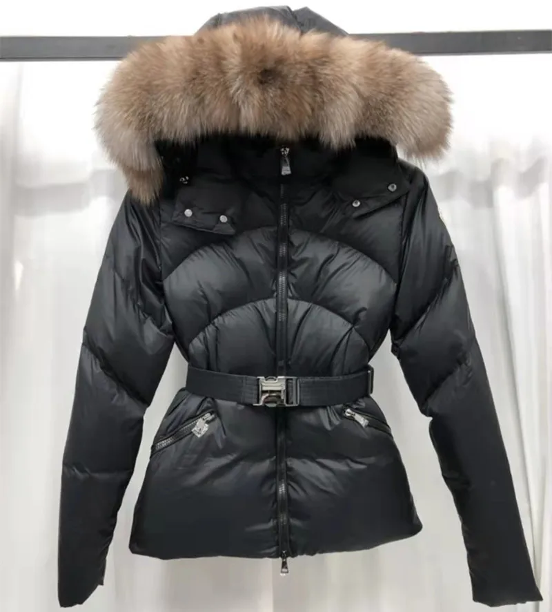 High Quality Women Fashion Hooded Down Jackets Large Fox Fur Collar Light Fluffy Winter Warm Down Coats with Belt Casual Clothes