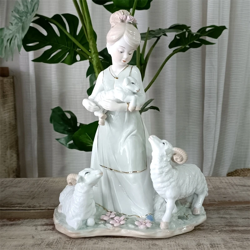 

Antique Porcelain Farm Girl Statuette Creamic Village Child Sculpture Goat Ornament Home Shelving Craft Decor Present for Mother