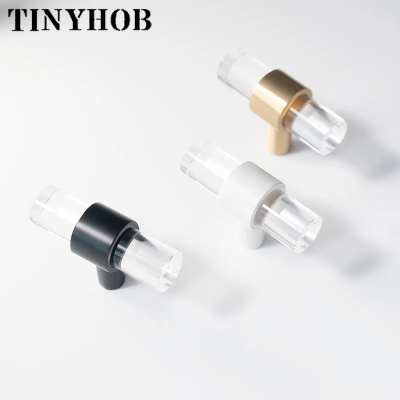 Különböző sizes Átlátható acrylic+brass Aláíró jegyző knobs Fehér T sáv kezelni fürdőszobában pulls konyhai szekrény Ajtó kezelni Belerúg a labdába