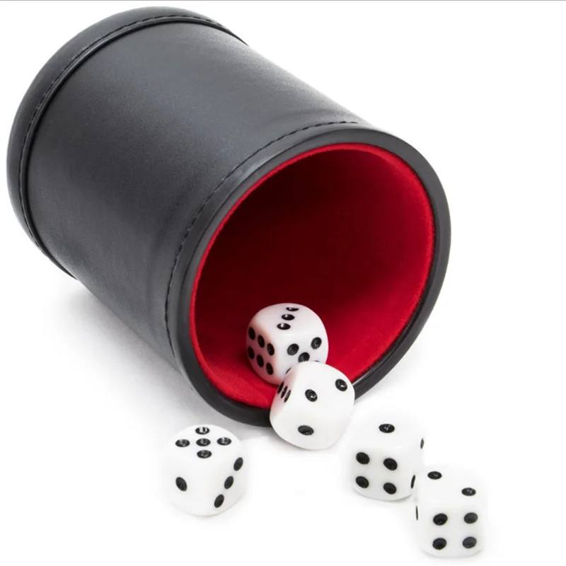 

1 Piece Dice Cup+5 Pieces white dices High quality New Black PU Leather Red Flannel Mute Dice Cups Bar Game Supplies