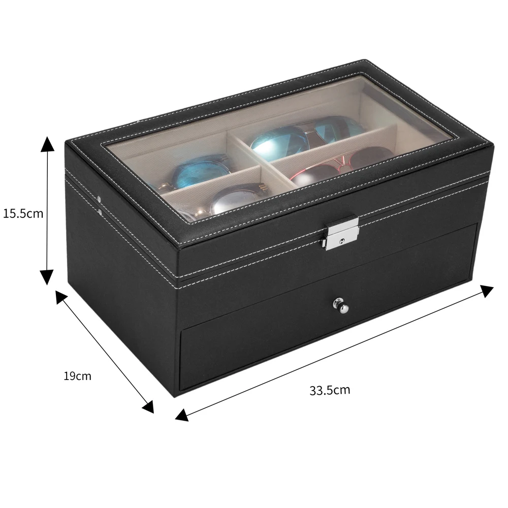 Leather 12 Piece Sun Eye Glasses Storage Box Display Drawer Case Organizer 2-Layer Lockable Transparent Top Black[US-Stock]