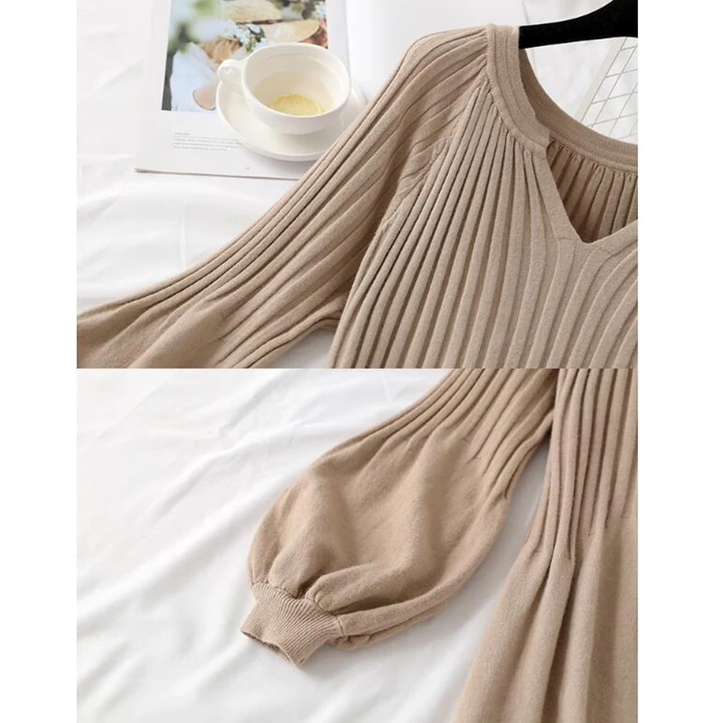 Pregnant Large Size Women\'s V Neck Autumn Winter Sweater Dress Female Knitted Lantern Sleeve Dress Fashion Loose Long Dress