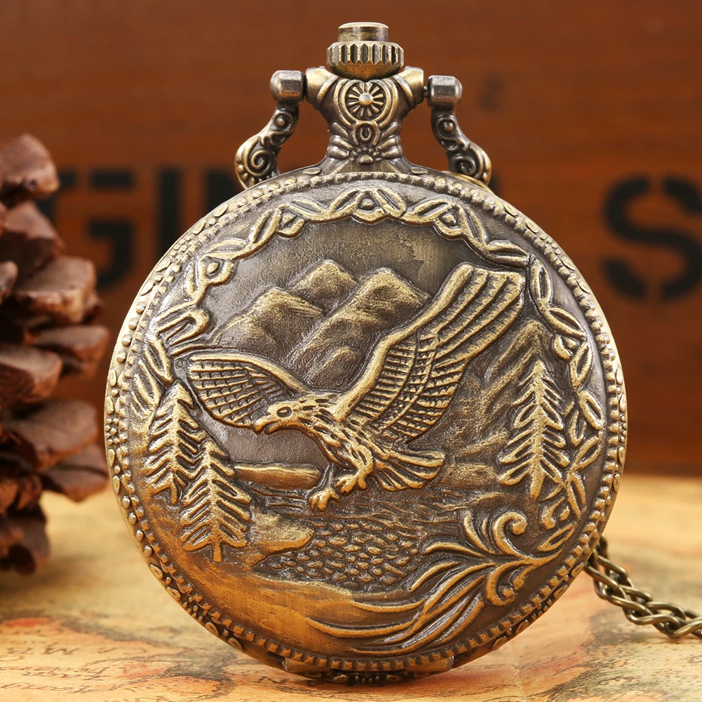 Vintage Flying Eagle Necklace Pocket Watch Men Women Bronze Sweater Chain Pendant Clock Arabic Numerals Display Round Dial