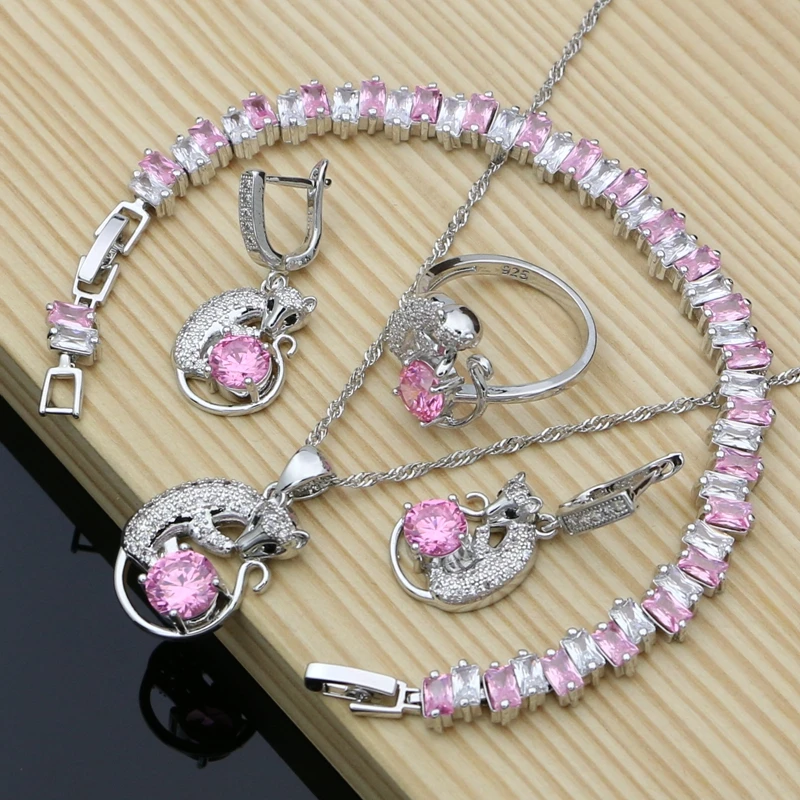 

Fox 925 Silver Bridal Jewelry Sets Pink CZ For Women Earrings Rings Dropshipping Animal Dubai Jewelry Kits