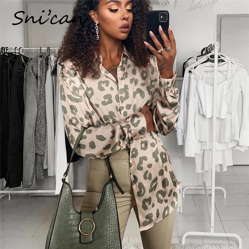 Snican Vintage Animal Leopard Print Satin Shirts Elegant Formal Office Ladies Blouse Za Camisa Fashion Camisas Mujer 2021 Zora