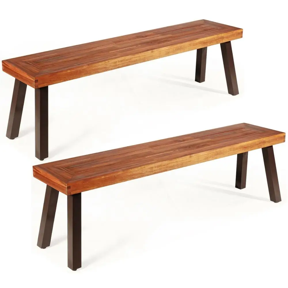 Set of 2 Patio Acacia Wood Dining Bench with Rustic Steel Legs Outdoor Indoor